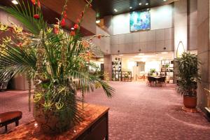 een lobby met planten op een tafel in een bibliotheek bij Kanazawa Kokusai Hotel in Kanazawa