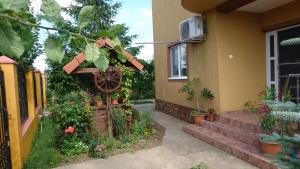 a house with a garden with flowers and a windmill at Casa Antonia in Vama Veche