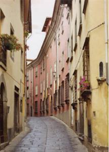 una strada di ciottoli in un vicolo tra gli edifici di Casa Cordati a Barga