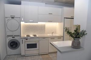 a kitchen with white cabinets and a washer and dryer at Best of Athens Apartment in Athens