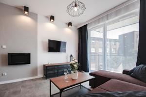 salon z kanapą i telewizorem w obiekcie Unique 3City Apartments - Grey Apartment w Gdańsku