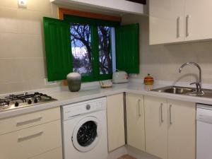 a kitchen with green windows and a washing machine at Es Magraner in Cala Saona
