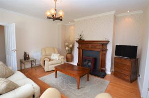 a living room with a fireplace and a tv at Cedar Cottage in Dunoon
