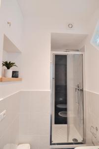 een badkamer met een douche en een glazen deur bij Iris Amalfi Dreams in Minori