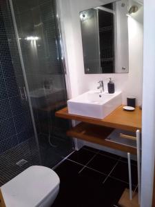a bathroom with a sink and a shower and a toilet at Casa Pedra da Foz in Odeceixe
