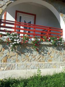 a red bench on a stone wall with flowers at Pensiunea Agroturistica Ioana in Brăduleţ