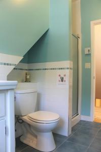 a bathroom with a white toilet and a staircase at La Maison Jaune D'Eastman in Eastman