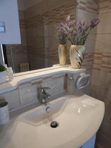 a bathroom sink with a vase of flowers on a shelf at Apartment Sol Mar in Portorož