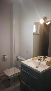 a bathroom with a sink and a toilet and a mirror at Pension Casa Contelui in Râşnov +59 photos