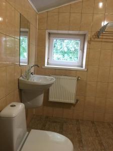 a bathroom with a sink, toilet and tub at Avtosklo in Khmelnytskyi