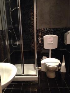a bathroom with a shower and a toilet and a sink at Guerrini Hotel in Castiglioncello