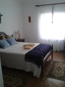 um quarto com uma cama com um cobertor azul e uma janela em Apartamento de Férias Nazaré na Nazaré