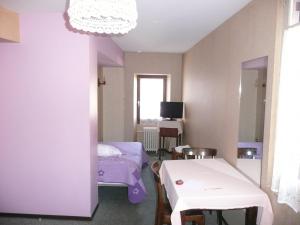 a hospital room with two beds and a tv at Hôtel Restaurant du Pont Vieux in Camarès