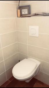 a white toilet sitting in a bathroom next to a wall at A FATA DI L'ORTOLO gîtes à la ferme in Sartène