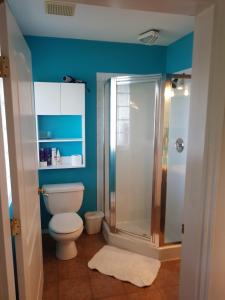 a white toilet sitting next to a shower in a bathroom at Davis Bay Bed & Breakfast in Sechelt