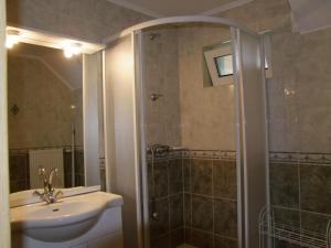 y baño con lavabo y ducha. en Rajna Apartmanház en Bogács