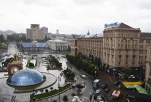 an aerial view of a city street with buildings at City Center Hostel in Kyiv