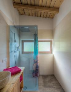 a bathroom with a shower and a sink at Berghof Zillertal in Fügen