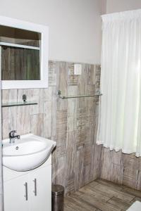 a bathroom with a sink and a mirror and a shower at Marico Bosveld Guesthouse in Zeerust