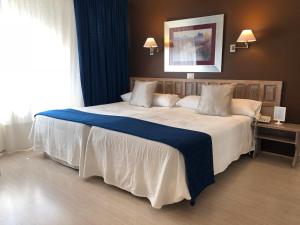 a bedroom with a large bed with a blue blanket at Hotel Virrey in Arnedo