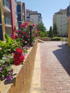 una pared de retención con flores y una luz de la calle en Studios in Complex Elit 4, en Sunny Beach