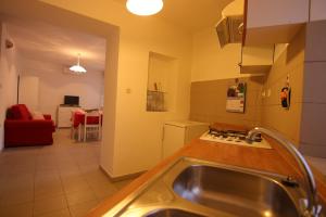a kitchen with a sink and a living room at App with a lovely patio in Mali Lošinj +16 photos