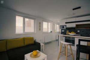 a living room with a couch and a kitchen at The Best Guest Sunny Apartment By The River Free Public Parking in Niš