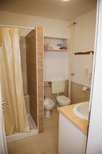 ein Bad mit einer Dusche, einem WC und einem Waschbecken in der Unterkunft Stan u samom centru Obrenovca, na Trgu in Obrenovac