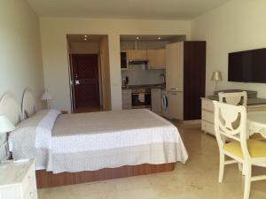 ein Schlafzimmer mit einem großen Bett und eine Küche in der Unterkunft ESTUDIO EN 1a LINEA in Torremolinos