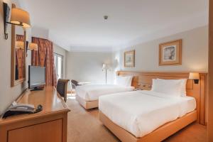 a hotel room with two beds and a television at Hotel Real Palacio in Lisbon