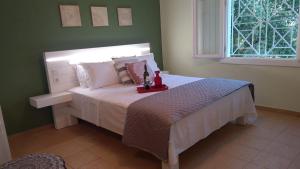 a bedroom with a bed in a green wall at Olive garden guest house in Kyparissia