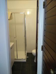 a bathroom with a shower and a toilet at Maresol in Costa da Caparica