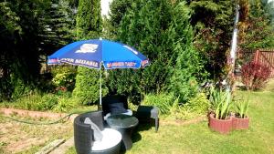 a blue umbrella sitting in a yard with two chairs at Willa Zamkowisko z ogrodowym jacuzzi in Gołubie