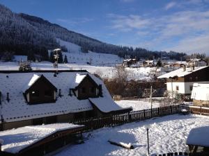 un village avec des toits enneigés et une montagne dans l'établissement Casa vacanze Rododendro, à Tarvisio