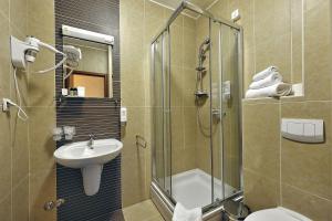 a bathroom with a shower, toilet, and sink at Hotel Antica in Stari Grad