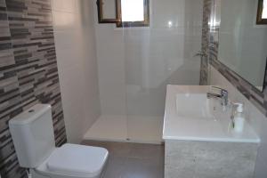 La salle de bains est pourvue de toilettes, d'un lavabo et d'une douche. dans l'établissement Carolina LOCDENIA, à Dénia