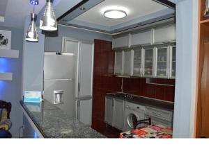 uma cozinha com um frigorífico branco e uma máquina de lavar louça em Akaki's Apartment em Batumi