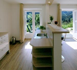 a kitchen with a sink and a counter top at Apartmenthaus Ahorn in Mittelberg