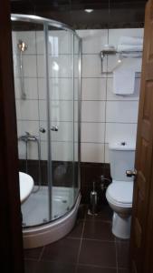 a bathroom with a shower and a toilet and a sink at Zagnospasa Konaklari in Trabzon