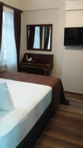 Dormitorio con cama, escritorio y TV en Zagnospasa Konaklari, en Trabzon