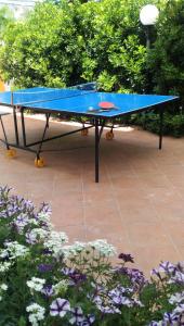 a ping pong table on a patio with flowers at Hotel Prestige in Rimini