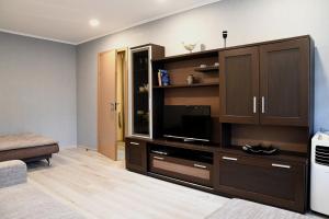 a living room with a large entertainment center at Relax Inn Druskininkai in Druskininkai