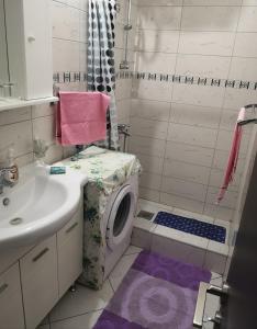 a bathroom with a washing machine next to a sink at Apartment Dragulj Šušanj in Bar