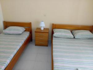 a bedroom with two beds and a night stand with a lamp at Anastasia Studios in Platamonas