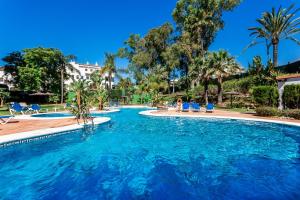basen z niebieskimi krzesłami i palmami w obiekcie by RIVA - Spectacular Studio in Medina Garden of Puerto Banus w Marbelli +9 zdjęć
