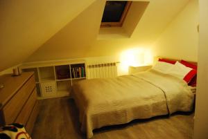 ワルシャワにあるApartament - Chelmskaのベッドルーム1室(大型ベッド1台、赤と白の枕付)
