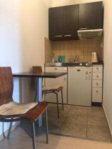 eine Küche mit einem Tisch und Stühlen sowie einem Kühlschrank in der Unterkunft Apartmány Thermal in Bešeňová
