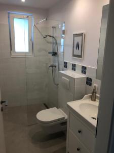 Un baño con ducha, inodoro y lavabo. en Annabel Villa, en Eger