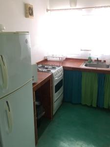 cocina con nevera blanca y fregadero en Casa de la Luz - Studio Apartment, en Tlacotalpan