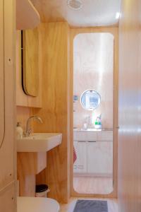a small bathroom with a sink and a toilet at Wikkelboats at Wijnhaven in Rotterdam +21 photos